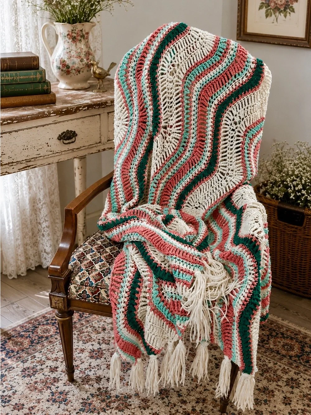 Vintage 1980s Cozy Crochet Afghan Throw Blanket — Multicolor